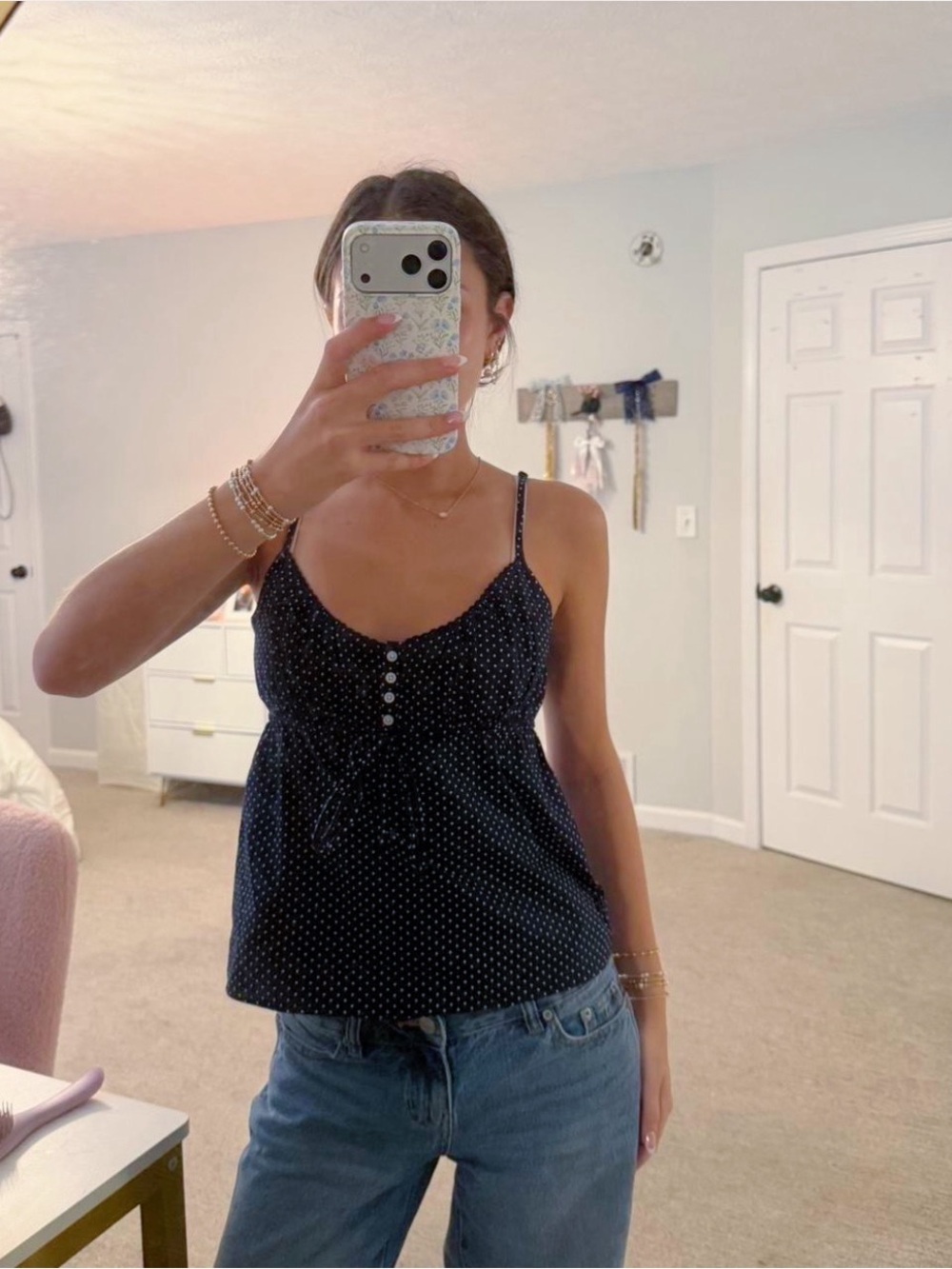 Brandy Melville Navy Polka Dot Spaghetti Strap Tank